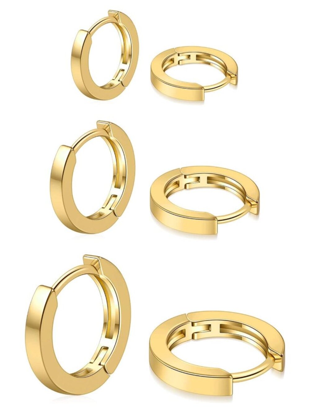 14k Gold Plated Huggie Hoop Earrings Set Small 8mm 10mm 12mm 3 Pairs